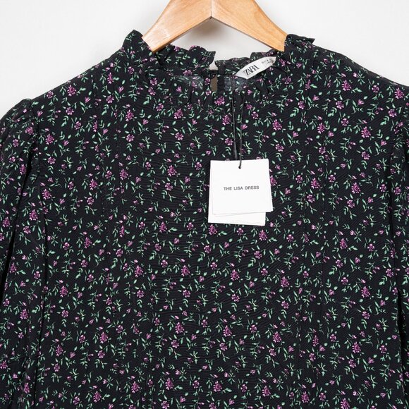 ZARA Revolve Women's M Mini Dress Black Floral Sleeves “The Lisa” Ruffle NWT - Picture 2 of 11